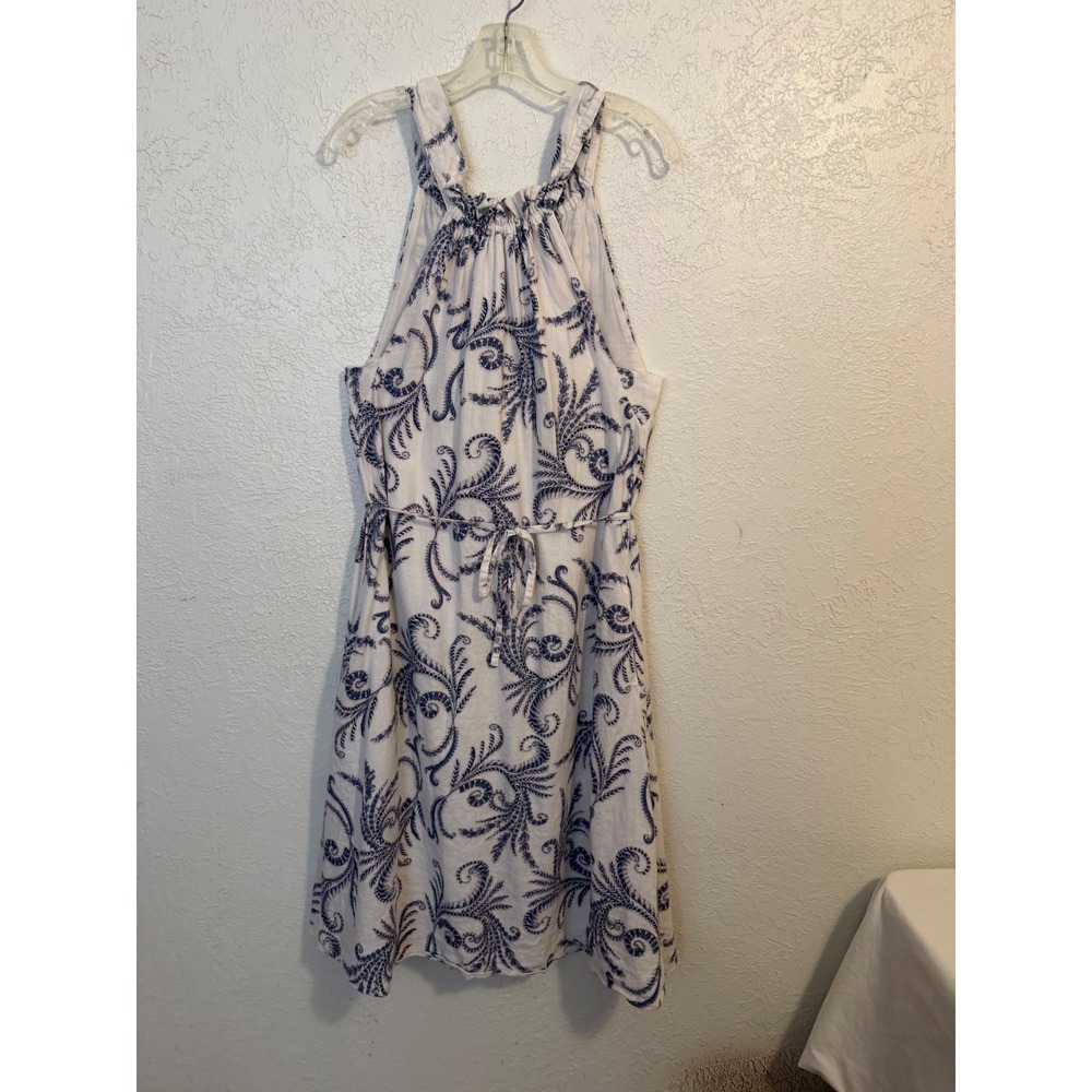 Banana Republic Linen Blend Ruffle Neck Midi Dress Blue White XS Tall Pockets